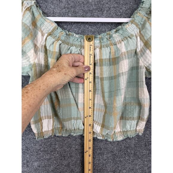 American Eagle Green Plaid Cotton Off Shoulder Puff Sleeve Crop Top Size S/P/CH - Picture 5 of 13